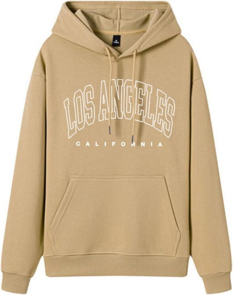 Womens Los Angeles Letter Print Vintage Hoodies Aesthetic Preppy Los Angeles California Backwoods College Pullover Hoodies for Teens Drawstring with Pocket Loose Fitting Fashion Tops