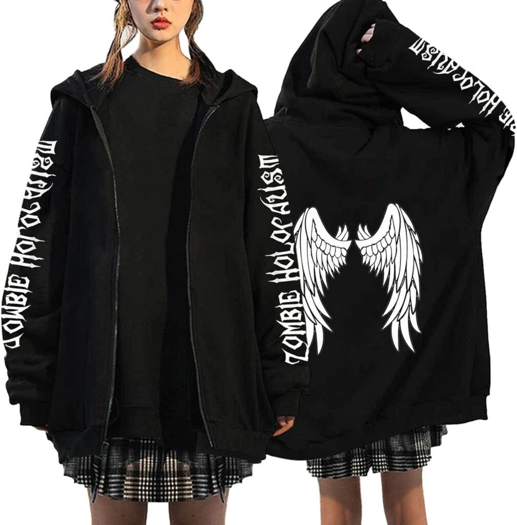 Womens Oversize Sweatshirt Womens Long Sleeve Hoodie Top Gothic Printed Full Zipper Sweatshirt with Pockets Casual Autumn Winter Outerwear Tops fit Teenage Girl Ladies