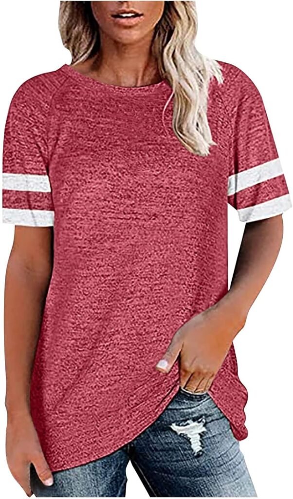 Womens Plain Tops Loose Fit Long Blouse for Women Short Sleeve Crew Neck Summer Fall Shirts 2024 Y2K