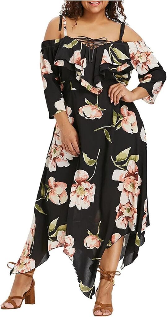 Women’s Plus Size Floral Print Boho Dress Elegant Strap Sleeveless Off Shoulder Midi Dress Asymmetric Hem Swing Dress