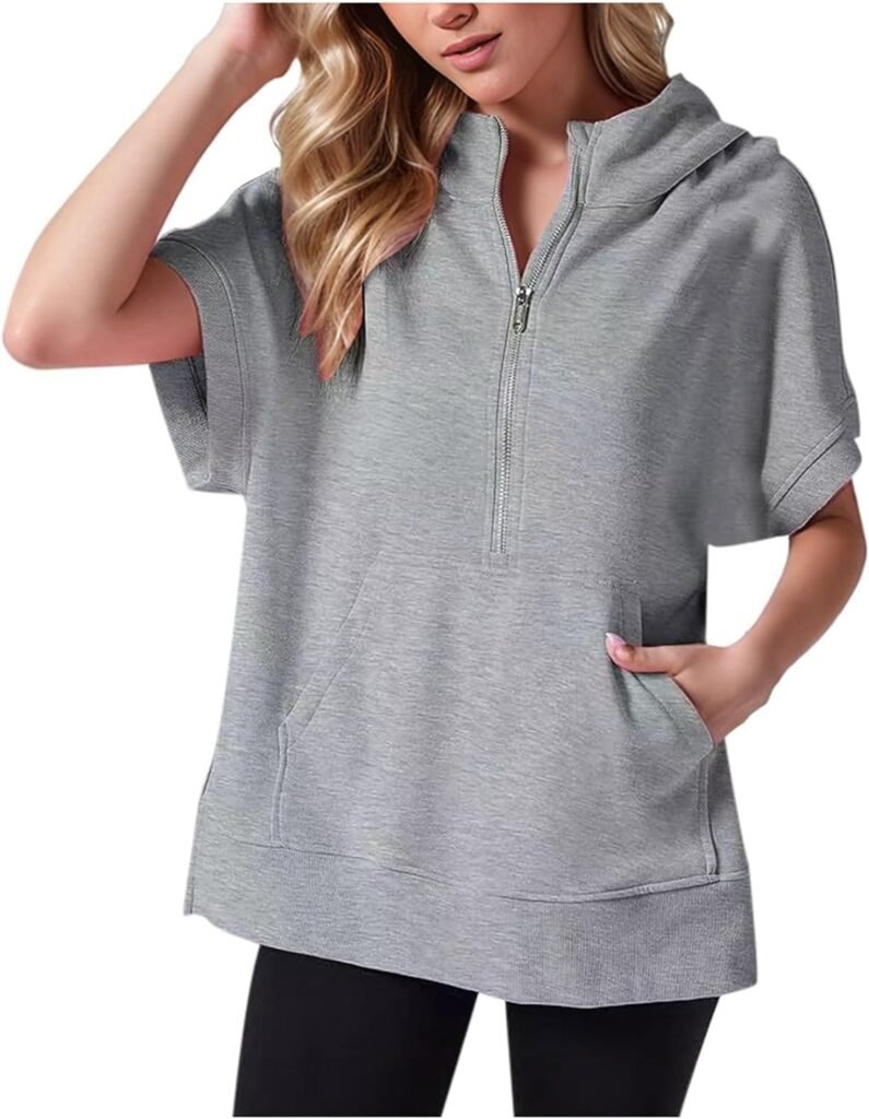 Women’s Short-Sleeve Oversized Hoodies Sweatshirts – Summer Casual Half-Zip Solid-Color Cap-Sleeve Y2k Pullover Tops with Kangaroo Pocket Y2K Teens Outfit Women’s Short-Sleeve Oversized Hoodies Sweatshirts – Summer Casual Half-Zip Solid-Color Cap-Sleeve Y2k Pullover Tops with Kangaroo Pocket Y2K Teens Outfit