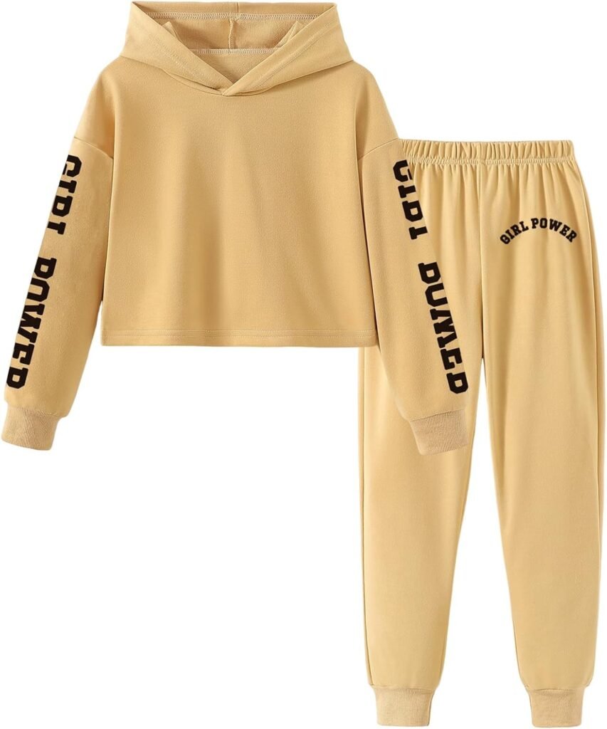 Xumplo Girl’s 2 Piece Outfits Tween Girls Long Sleeve Hoodie with Pants Clothes Set Teens Brown Casual Clothing