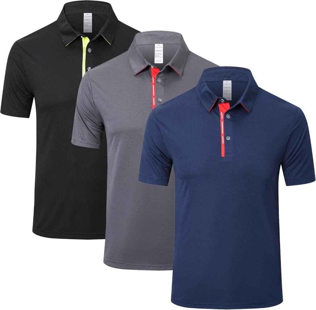 ZENGVEE 3 Pack Men’s Polo Shirts Breathable Quick Dry Golf Polo Shirts Color Clash Collar Outdoor Sports Tee Tops with 3 Buttons