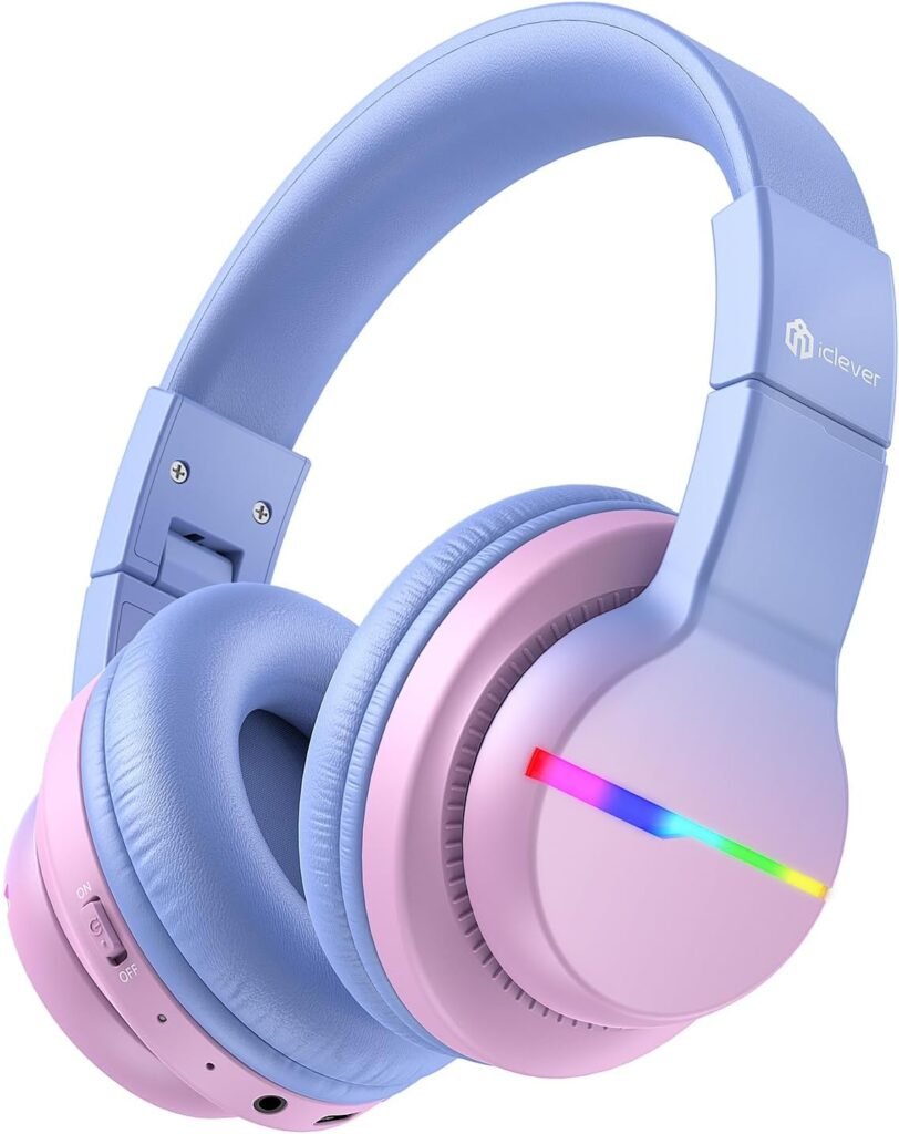 iClever Bluetooth Kids Headphones, BTH12 Colorful LED Lights Kids Wireless Headphones Over Ear with 74/85/94dB Volume Limited, 55H Playtime, Bluetooth 5.2, Built-in Mic for School/Tablet/PC