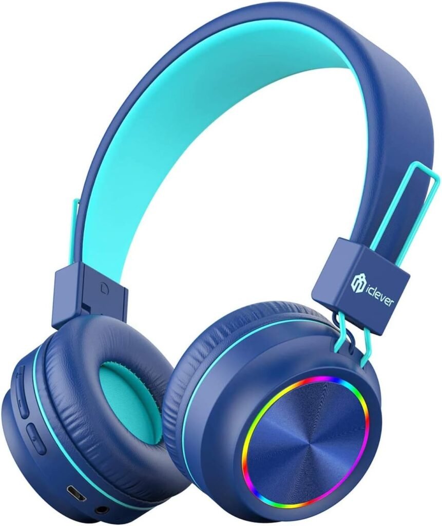 iClever Kids Bluetooth Headphones, BTH03 Colorful LED Lights, Stereo Sound with MIC, Volume Limited, 25H Playtime, Foldable, Bluetooth 5.0, Kids Wireless Headphones on Ear for Tablets, Phone, PC