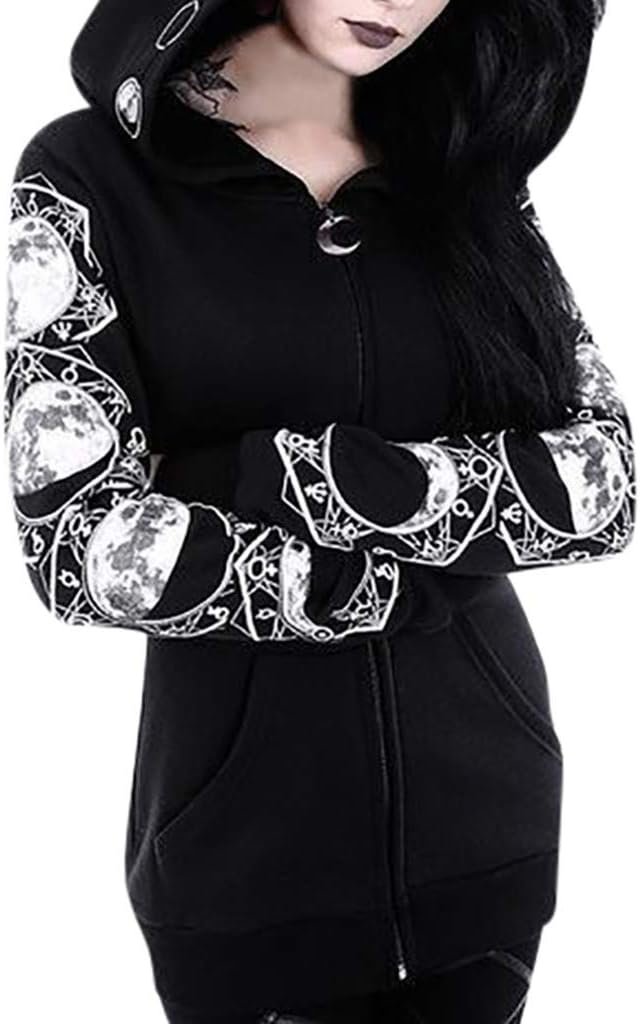 millenniums Gothic Punk Zipper Hoodie Cardigan Jacket for Women, Ladies Teen Girls Long Hoodie Hooded Vintage Gothhic Print Sweatshirt Coat Outerwear Tops Plus Size