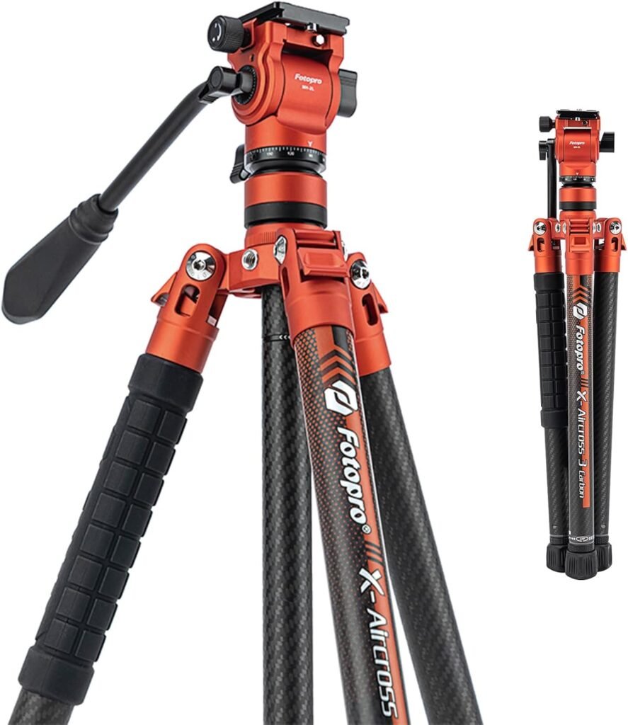 Fotopro X-Aircross 3 Video 62 Inch Lightweight Travel Camera Tripod with Fluid Head 2.35lbs Ultra Light Portable Professional Video Travel Carbon Fiber Tripod for Camera DSLR Load up to 22lbs Orange