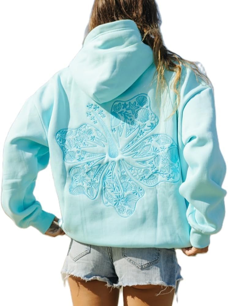 LLECDASEUI Preppy Embroidery Hibiscus Hoodies for Teen Girls Y2K Women Long Sleeve Oversized Graphic Pullover Sweatshirt Top