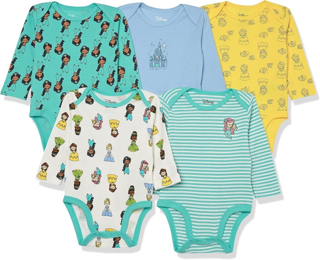 Amazon Essentials Disney | Marvel | Star Wars | Princess Baby Girls’ Long-Sleeve Bodysuits, Pack of 5