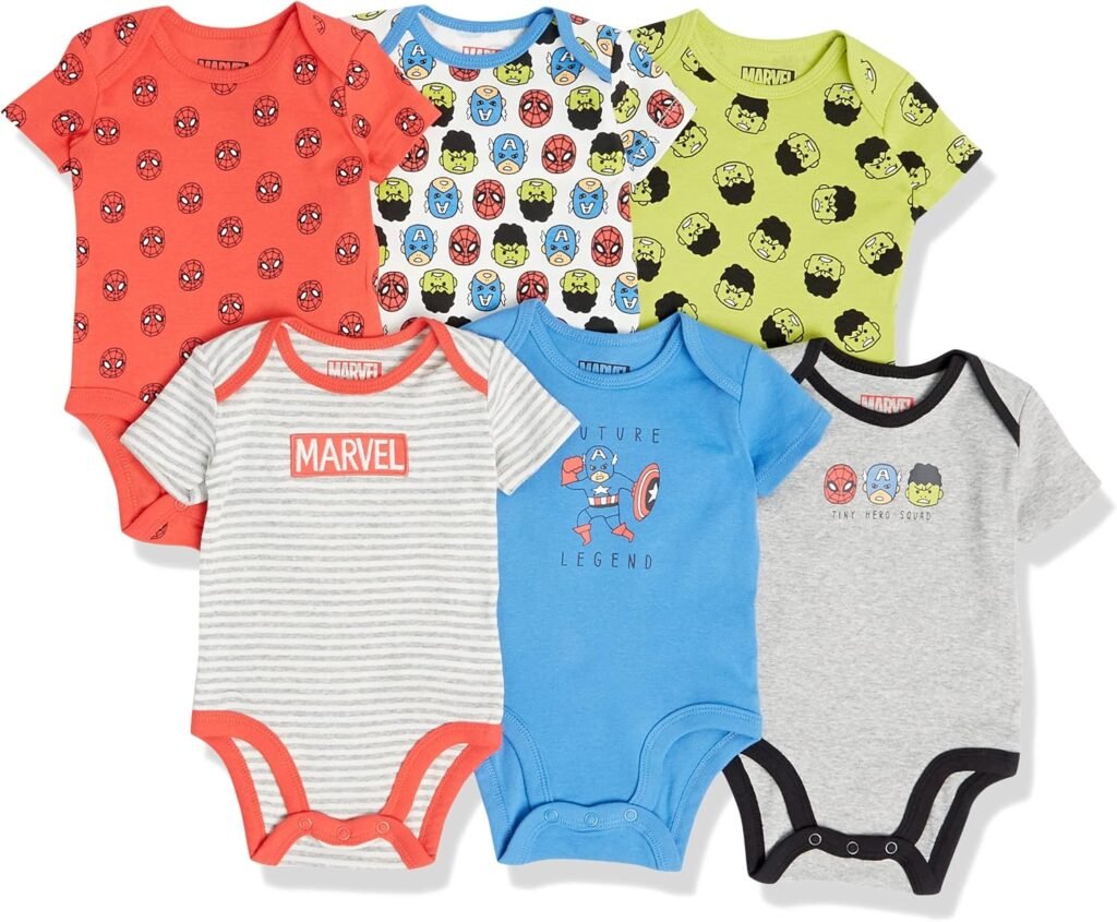 Amazon Essentials Disney | Marvel | Star Wars Unisex Babies’ Short-Sleeve Bodysuits, Pack of 6