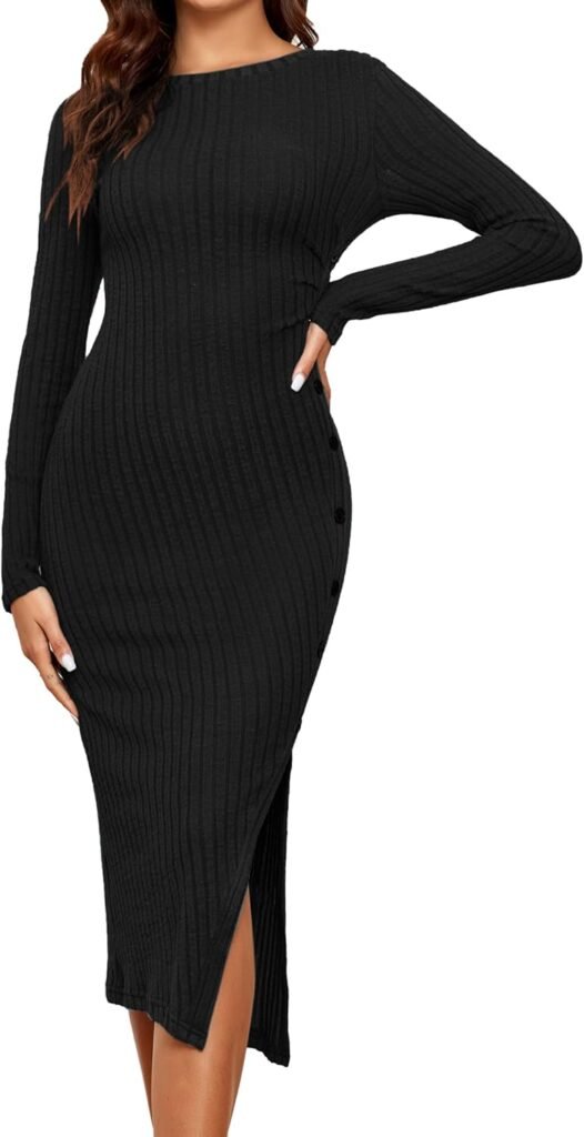 Famulily Women’s Long Elegant Dress Solid Long Sleeve Crew Neck Rib Knit Side Split Dresses Casual Party Jumpers Sweaters S-XL
