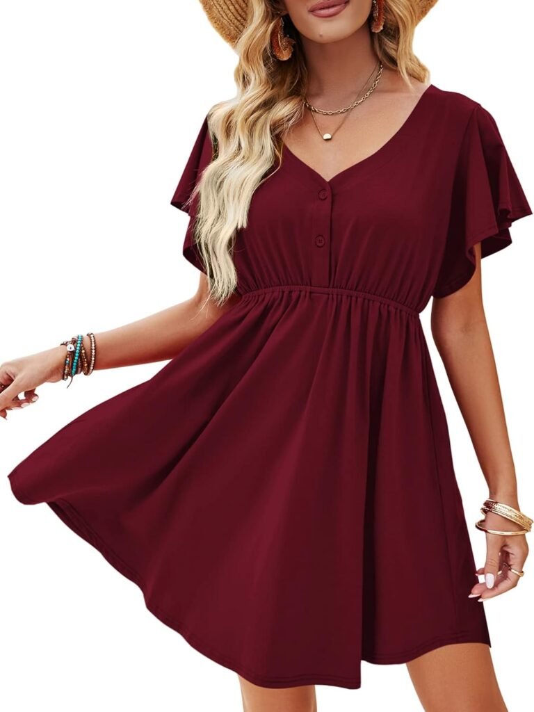 Beluring Women’s Casual V Neck Short Sleeve Ruffle Tunic Dress 12-14