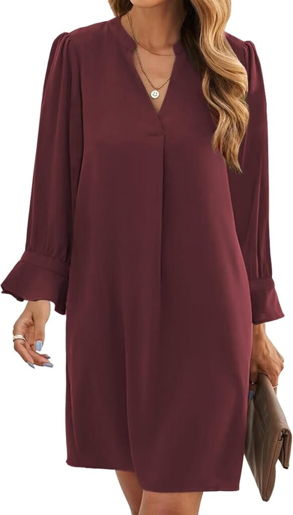 Famulily Ladies Fall Casual Mini Dresses Ruffled Long Sleeve V Neck Shift Dress Loose Work Dresses S-XXL Famulily Ladies Fall Casual Mini Dresses Ruffled Long Sleeve V Neck Shift Dress Loose Work Dresses S-XXL