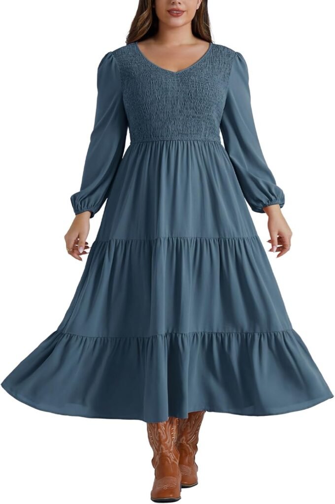 Hanna Nikole Women Plus Size Casual Dresses Elastic Waist Maxi Dress V-Neck Smocked A-Line Dress with Pockets