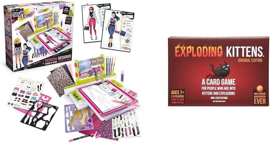Style 4 Ever OFG 232 Fashion Designer Studio, Real Adhesive Fabrics, Design from Scratch, Stickers & Exploding Kittens Card Game – Original Edition, Fun Family Games for Adults Teens & Kids Style 4 Ever OFG 232 Fashion Designer Studio, Real Adhesive Fabrics, Design from Scratch, Stickers & Exploding Kittens Card Game – Original Edition, Fun Family Games for Adults Teens & Kids