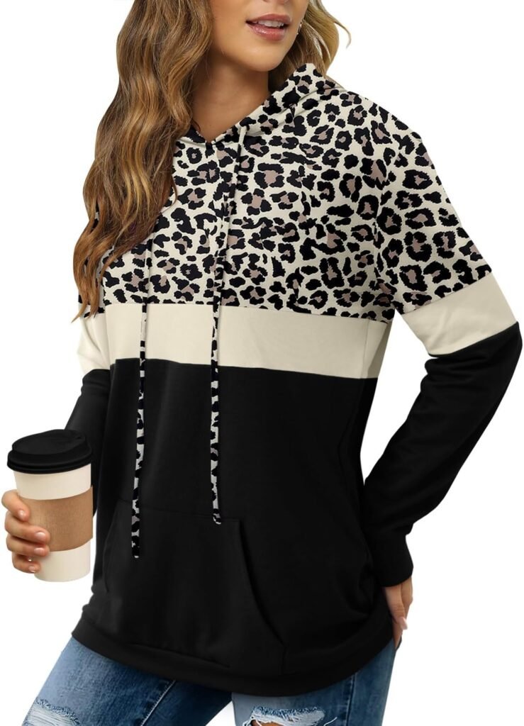 KISSMODA Hoodies for Women Camo Leopard Print Tops Pullover Hooded Sweatshirt Drawstring with Pocket