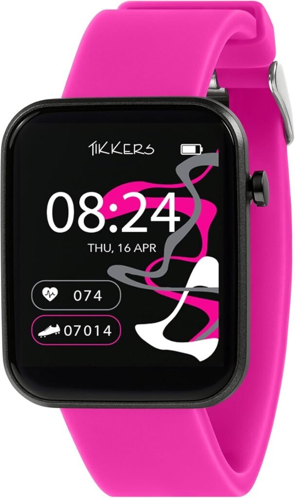 Tikkers Kids Series 13 Smart Watch with Fitness Tracker, Alarm Clock, Camera, GPS Connection, Heart Rate Monitor, Step Counter, Touch Screen, Pink Silicone Strap