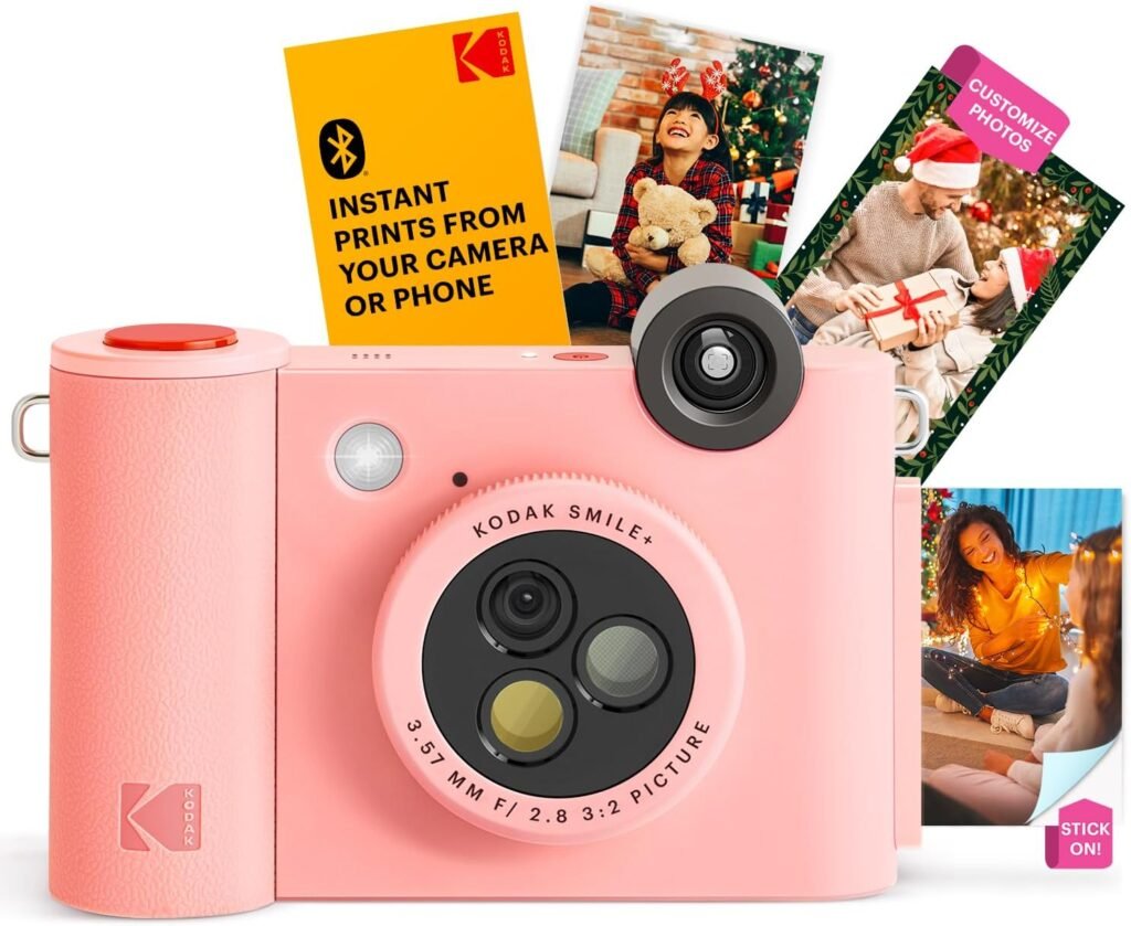 KODAK Smile+ 2-in-1 Digital Instant Print Camera & Wireless Bluetooth Photo Printer – 10MP, Special-Effect Rotating Lens, Zink 2×3 Inch Sticky-Back Photos, Print via Fun App from Smart Devices – Pink