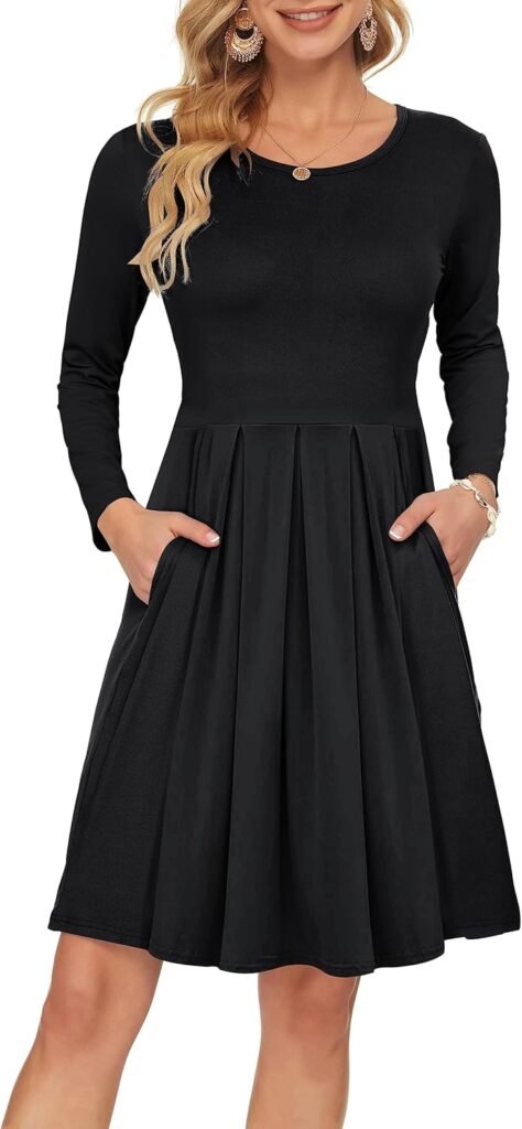 AUSELILY Women’s Long Sleeve Pleated Loose Swing Casual Dress with Pockets Knee Length