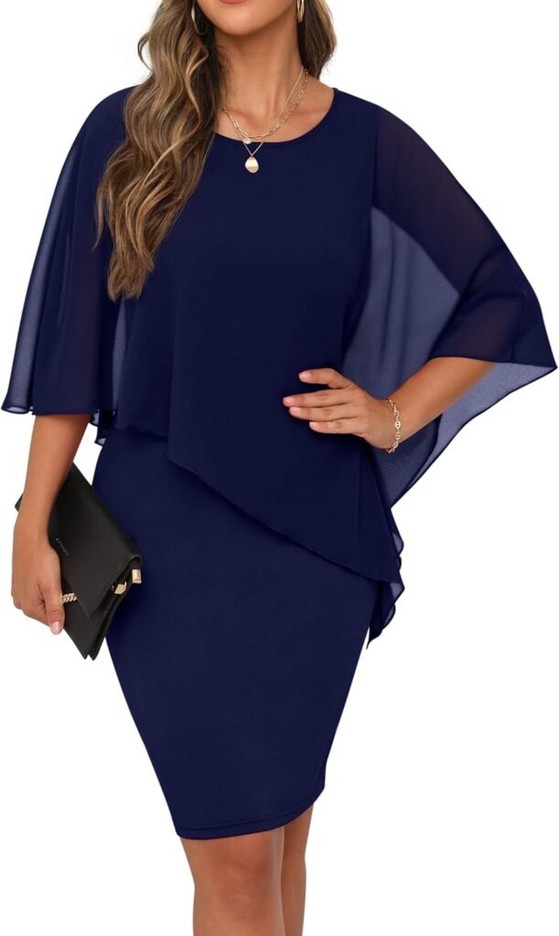 QIXING Womens Summer Casual Dress Loose Batwing Sleeve Crew Neck Chiffon Cape Elegant Midi Cocktail Pencil Dresses for Women UK for Funeral Party Wedding