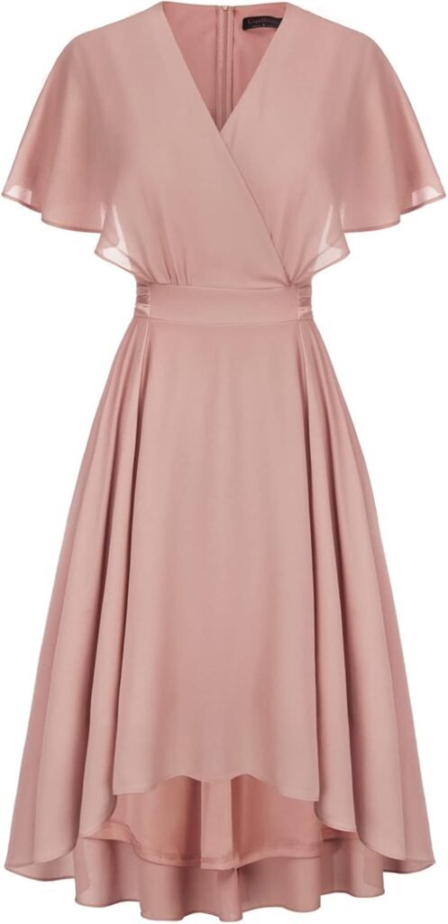 CURLBIUTY Women’s Elegant Chiffon Dress Cape Sleeve V-Neck Dress for Cocktail Wedding Guest Dresses CURLBIUTY Women’s Elegant Chiffon Dress Cape Sleeve V-Neck Dress for Cocktail Wedding Guest Dresses