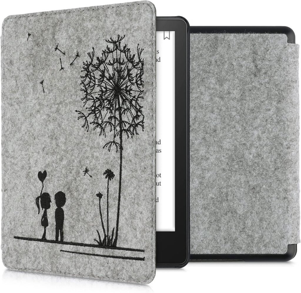 kwmobile Case Compatible with Amazon Kindle Paperwhite 11. Generation 2021 – Book Style Felt Fabric Protective e-Reader Cover Folio Case – Dandelion Love Black/Light Grey