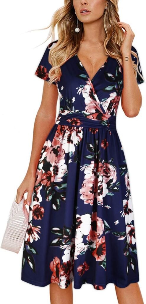 OUGES Women’s Summer Midi Dress V-Neck Long/Short Sleeve Floral Ladies Spring Dress with Pockets