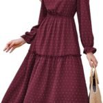 JASAMBAC Long Sleeve Dresses for Women Vitange Wedding Guest Dresses Swiss Dot Pleated A Line Dresses Cocktail Dresses V Neck Casual Dress Semi Formal Dresses Boho Flowy Dresses Midi Dress