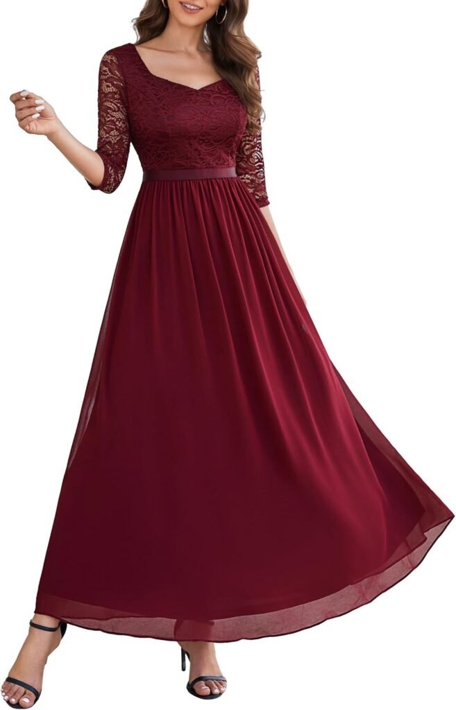 Wedtrend Evening Dress Elegant for Wedding A Line Cocktail Dress Women’s Long Chiffon Graduation Dress V-Neck Lace Dress