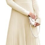 OUGES Jumper Dress for Women UK 2024 Fall Midi Pleated Long Sleeve Winter Dresses V Neck Casual Sweater Dress