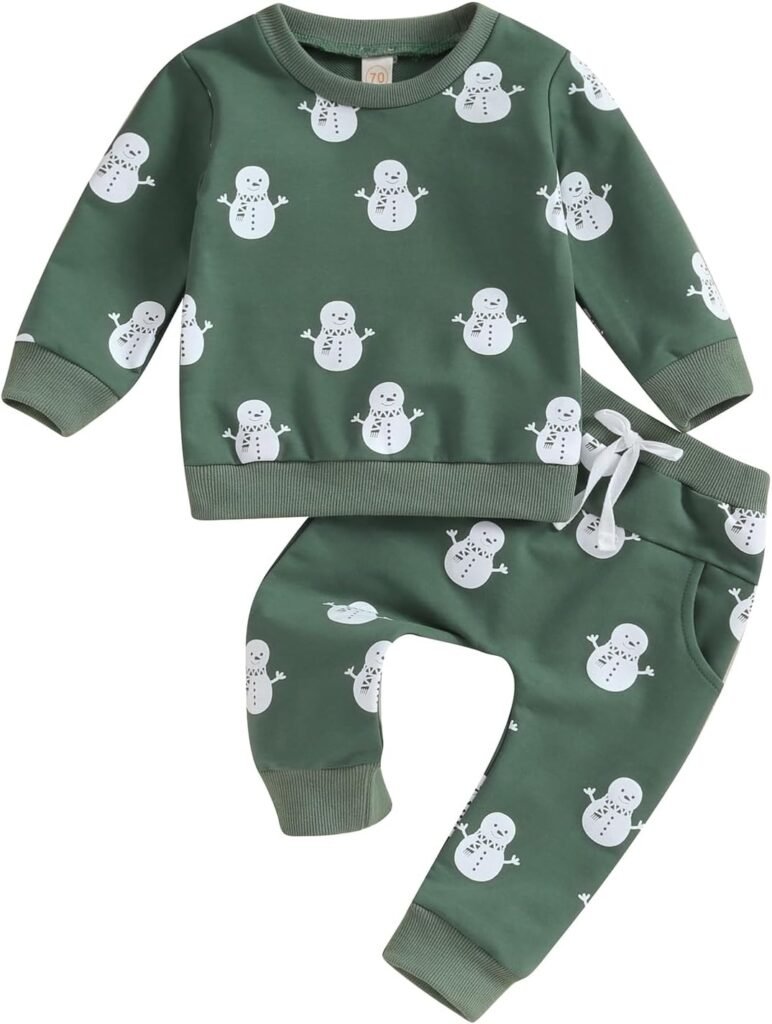 Carolilly Toddler Baby Boys Christmas Outfits Unisex Christmas Gingerbread Man/Snowman Print T-Shirt Long Sleeve Sweatshirts+Long Pants 2PCs Outfits Tracksuit Newborn Xmas