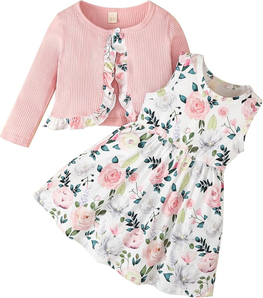 puseky Toddler Baby Girls Dress and Cardigan Set Baby Girl Floral Print Sleeveless Dress and Coat 2Pcs Outfits Set