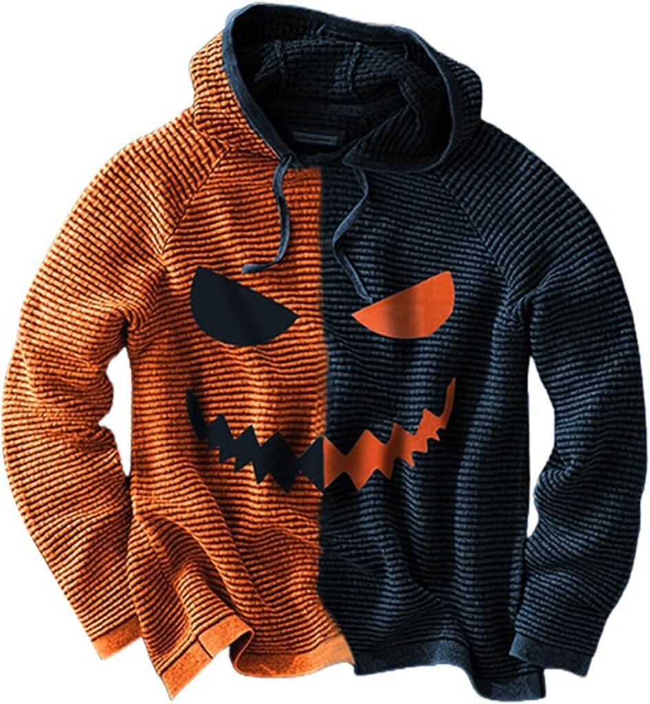 XIXIMAON Funny Pumpkin Face Hooded Sweatshirt For Men Halloween Outfits Patchwork Pullover Drawstring Hoodies Winter Clothes
