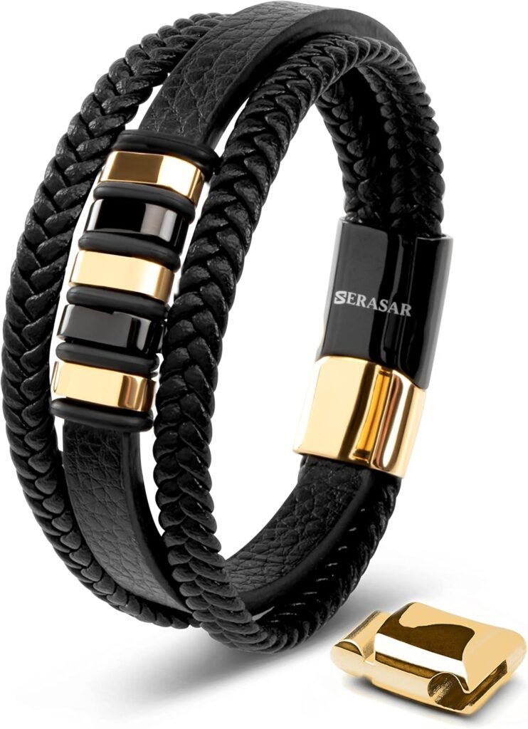 SERASAR | Premium Genuine Leather Bracelet for Men in Black | Magnetic Stainless Steel Clasp in Silver and Gold | Inclusive Jewellery Box | Great Gift Idea