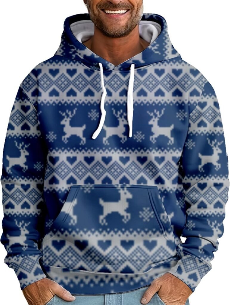 Christmas Hoodies for Men Loose Trendy 3D Printed Fall Xmas Pullover Warm Plus Size Winter Sweatshirts Santa Outfits Funny Outdoor Long Sleeve Sweaters Novelty Hooded Jumpers