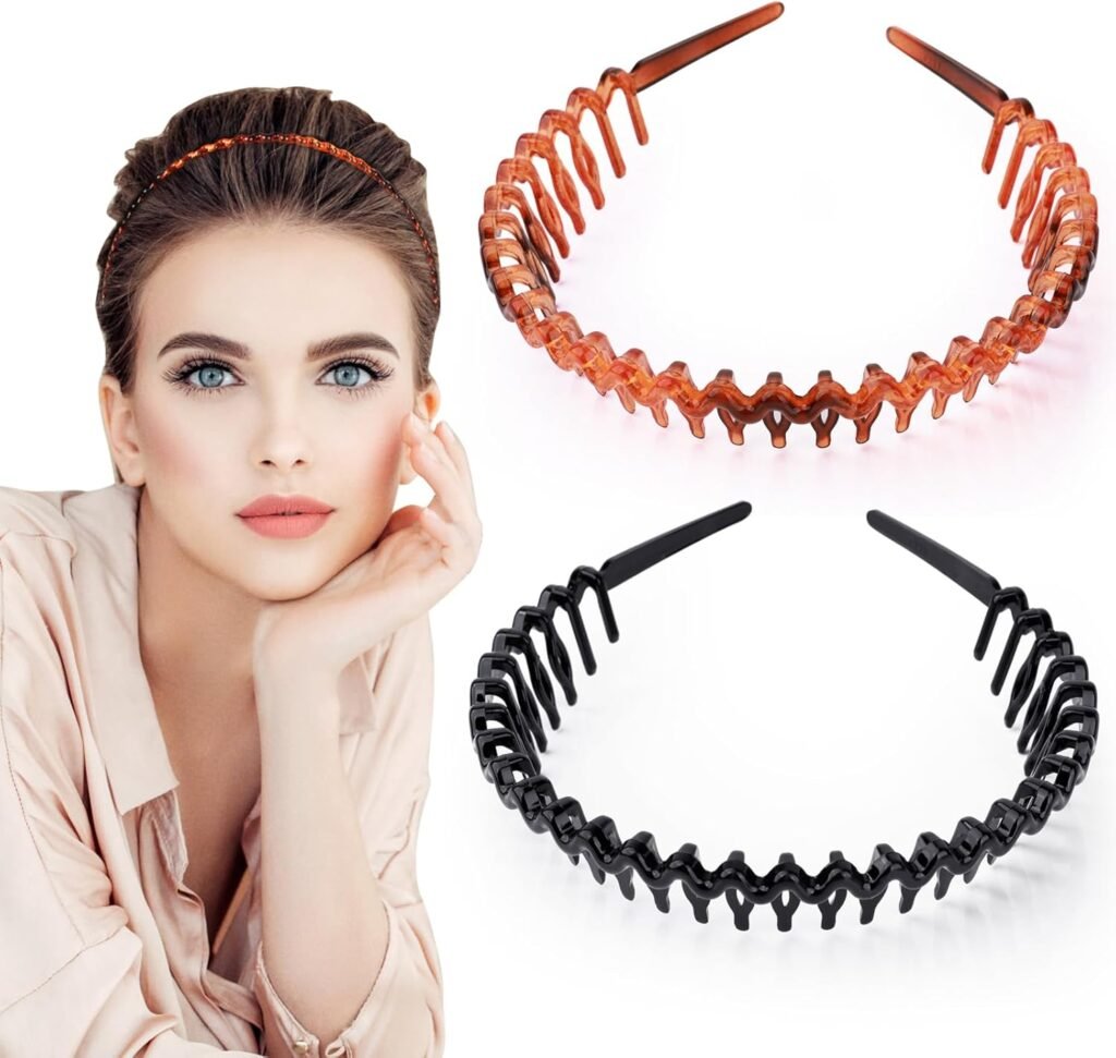 2 Pcs Plastic Tooth Headband for Women Girls, Black Wavy Hair Band Alice Bands Adult Women’s Tooth Comb Headbands, Multi-Style Flexible Hair Accessories