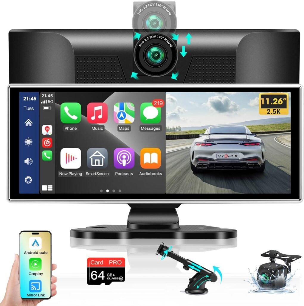 2024 Upgrade 11.26” Apple Carplay Android Auto with Dash Cam Wireless Car Play Screen for Car Radio 2.5K Front & 1080P Rear Camera, Support Mirror Link Voice Control Navigation Dual Bluetooth AUX FM