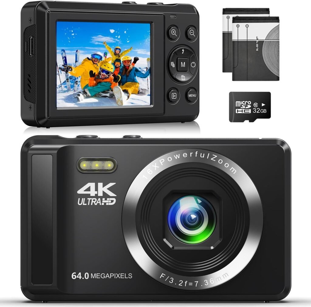 4K 64MP Digital Camera – Autofocus UHD Compact Camera – Rechargeable Vlogging Camera with 32GB Card & 2 Batteries, Portable Mini Camera with 16X Digital Zoom for Kids Beginners Teenagers