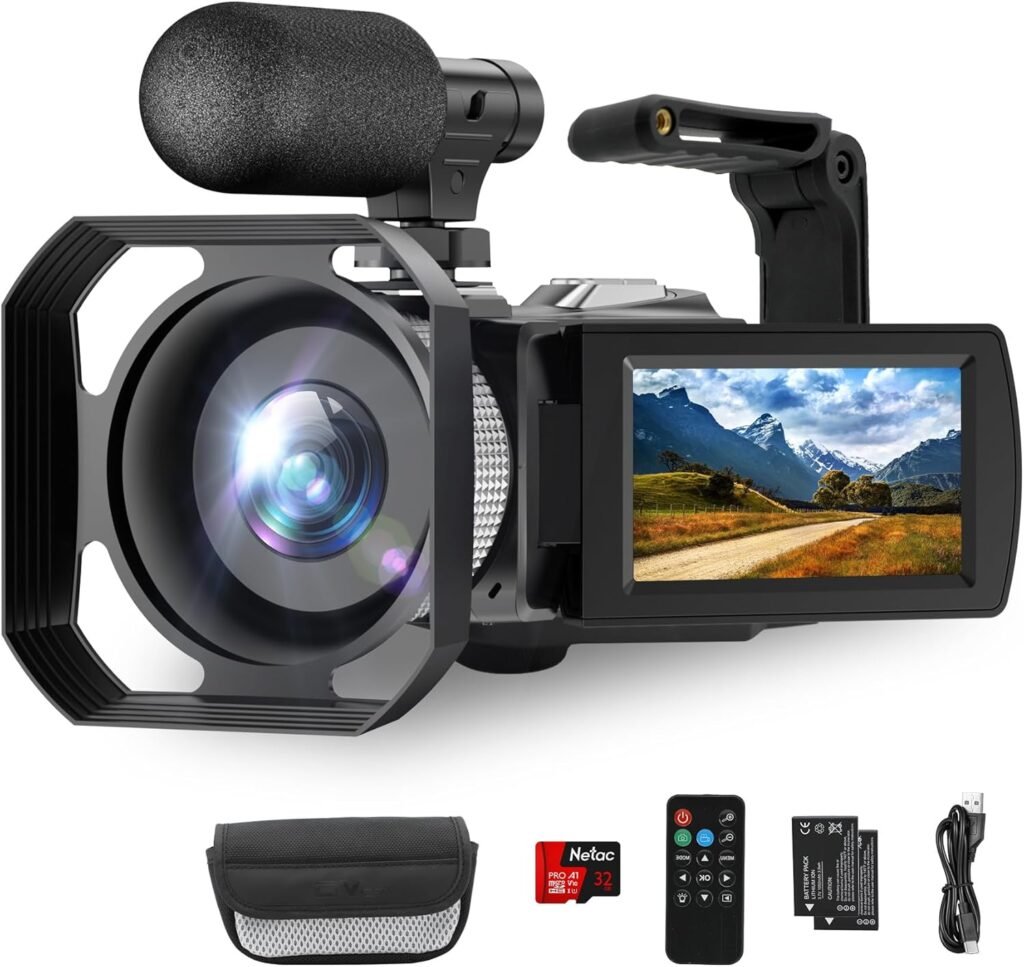 4K Video Camera Camcorder UHD 48MP Vlogging Camera for YouTube 3.0 Inch IPS Screen 18X Digital Zoom Camera Recorder with Microphone, Handheld Stabilizer, Lens Hood, Remote, 2 Batteries, Remote