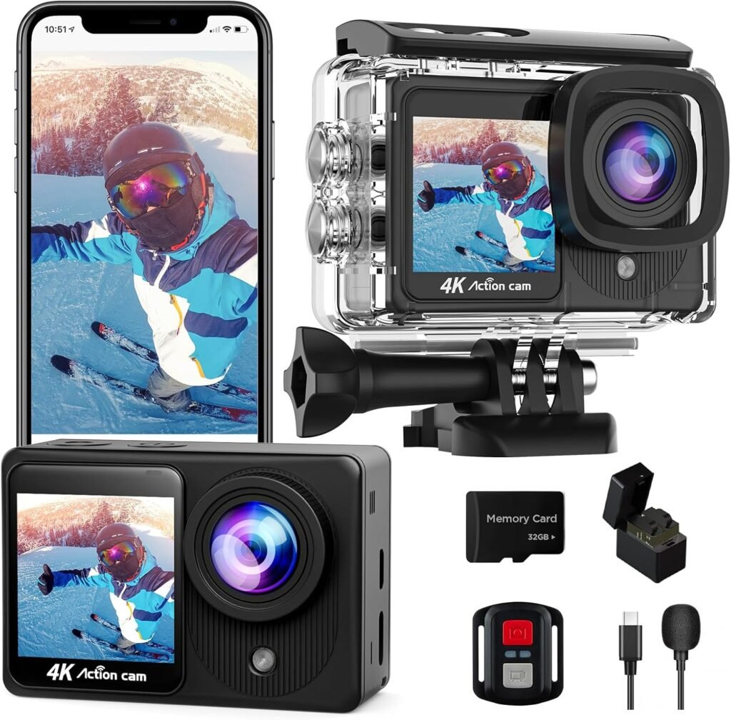 4K30FPS Dual Screen Action Camera with 32GB SD Card, Touchscreen Pre-recording 20MP Underwater Camera, 131FT Waterproof Cameras,2.4G Remote Control Sports Camera, 2 Batteries Helmet Accessories Kit