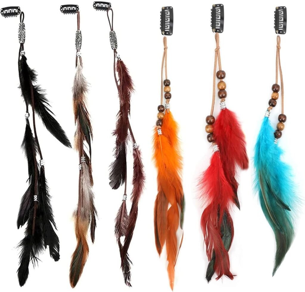 6 PCS Feather Hair Clips, VEGCOO Handmade Boho Hair Extensions DIY Accessories Hippie Hairpin Headdress for Women Girls