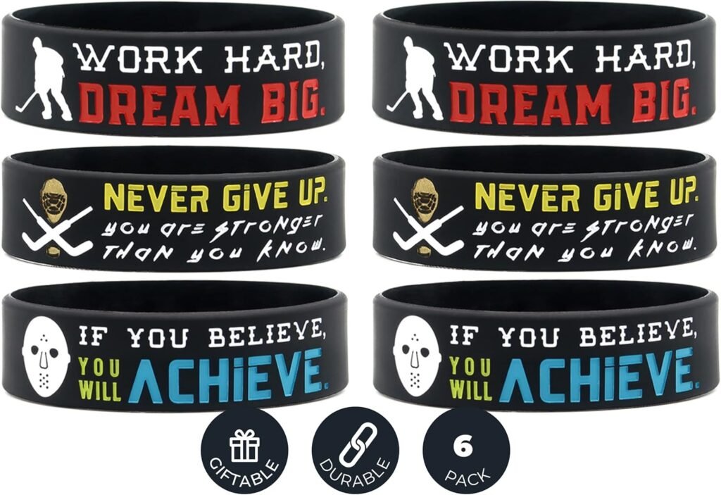 (6-Pack) Motivational Hockey Wristbands with Sports Quotes – Hockey Gifts Jewelry Accessories for Hockey Players Team Awards Party Favors – Unisex for Men Women Youth Teen Girls Boys (6-Pack) Motivational Hockey Wristbands with Sports Quotes – Hockey Gifts Jewelry Accessories for Hockey Players Team Awards Party Favors – Unisex for Men Women Youth Teen Girls Boys