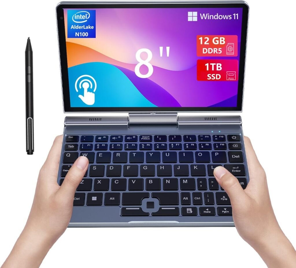 8 inch Mini Laptop HD Touchscreen Portable 2-in-1 Computer,Windows 11 Pro Small Laptop for Business and Students,Intel N100 12GB LPDDR5 1TB M.2 SSD,Wi-Fi 6,BT5.2 2MP Camera,G-Sensor,HDMI,Type C 8 inch Mini Laptop HD Touchscreen Portable 2-in-1 Computer,Windows 11 Pro Small Laptop for Business and Students,Intel N100 12GB LPDDR5 1TB M.2 SSD,Wi-Fi 6,BT5.2 2MP Camera,G-Sensor,HDMI,Type C