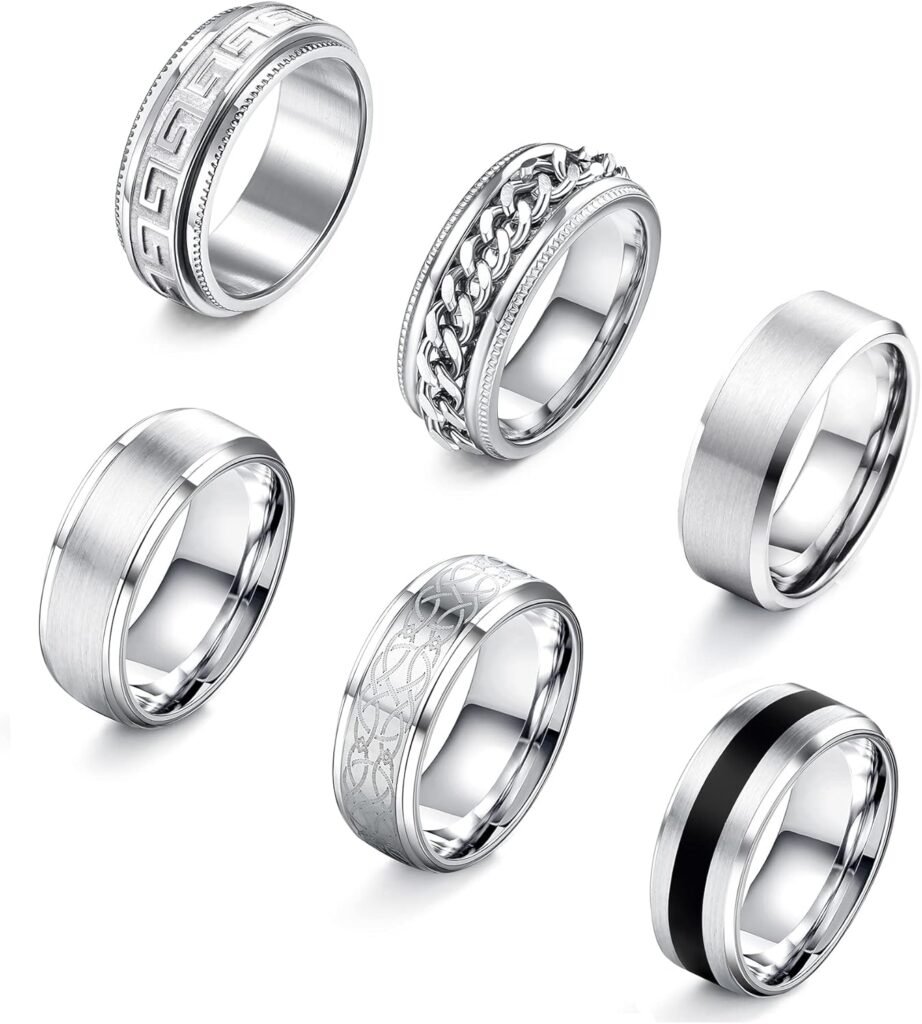 ADRAMATA 6Pcs Mens Rings 316L Stainless Steel Rings for Men Women Rings Vintage Mens Thumb Rings Silver Engagement Rings Wedding Band Fidget Mens Ring Set ADRAMATA 6Pcs Mens Rings 316L Stainless Steel Rings for Men Women Rings Vintage Mens Thumb Rings Silver Engagement Rings Wedding Band Fidget Mens Ring Set