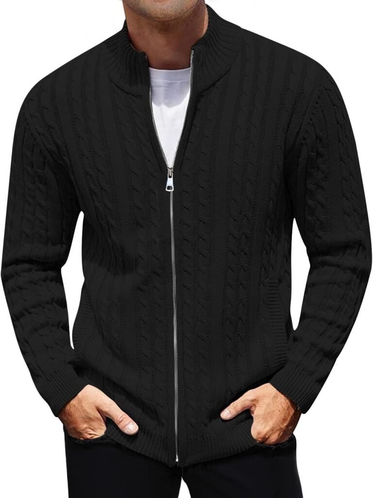 AIYINO Mens Cardigan Ribbed Knit Sweater Full Zip Stand up Collar Jumpers for Men Long Sleeve Thick Pullover Regular Fit