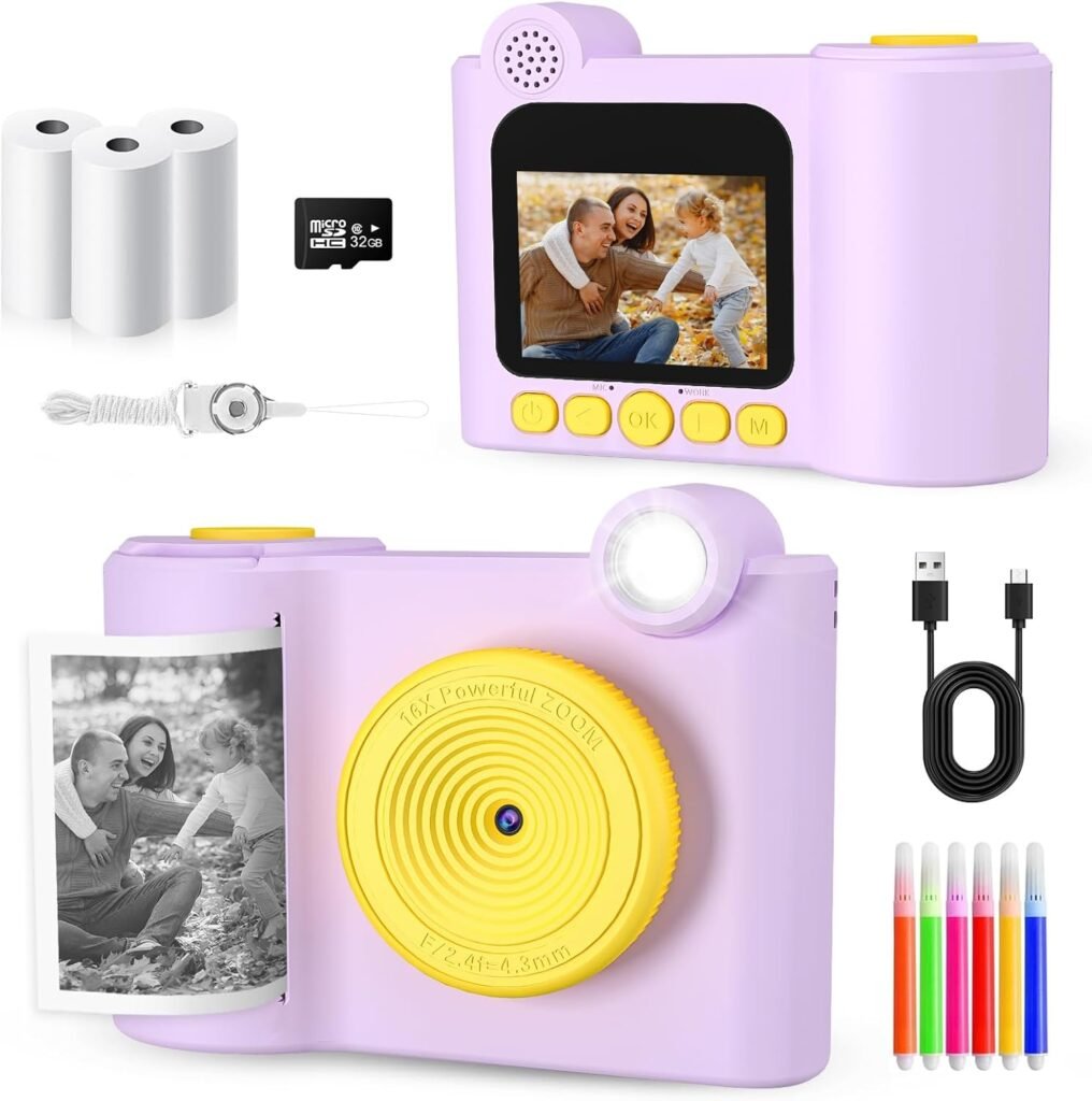 AKTETCN Kids Camera Instant Print Toys, 1080P HD Digital Toddler Camera Toys with 32G SD Card, 3 Rolls Paper & 6 Color Pens, Birthday presents for Girls & Boys 4 5 6 7 8 9 10 11 12 Years Old (Purple)