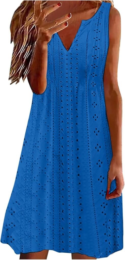 AMhomely Dresses for Women UK Elegant V Neck Summer Loose Sleeveless Beach Sundress Ladies Bohemian High Waist Tunic Dress A Line Daily Dress Shirt Dresses