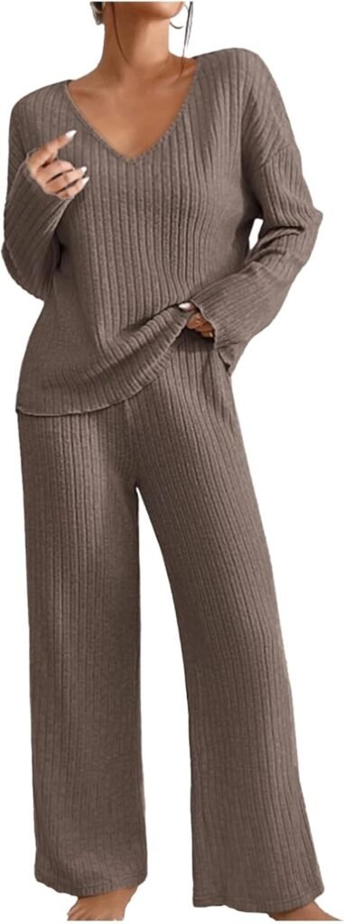 AMhomely Lounge Sets for Women UK Tracksuits Knitted Outfit Oversized Long Sleeve Solid Color Tops Wide Leg High Waist Trousers Pants Fluffy Cosy Pyjamas Holiday Dailywear