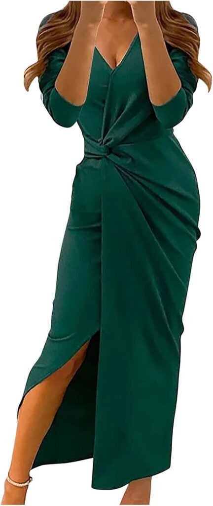 AMhomely Women Dresses Elegant Sexy Casual V-Neck Long Sleeve Solid Color High Split Sheath Ankle-Length Dress Plus Size Dress Party Dress Vintage Dress, Black, XL