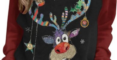 AMhomely Women’s Christmas Tops Sweatshirts Dressy Long Sleeve Crewneck Graphic Blouse Funny Christmas Tree Cute Elk Print Xmas Pullover Festival Tops Xmas Jumper